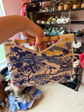Beaded Mini Bamboo-Handle Clutch in Blue, Yellow & Cream
